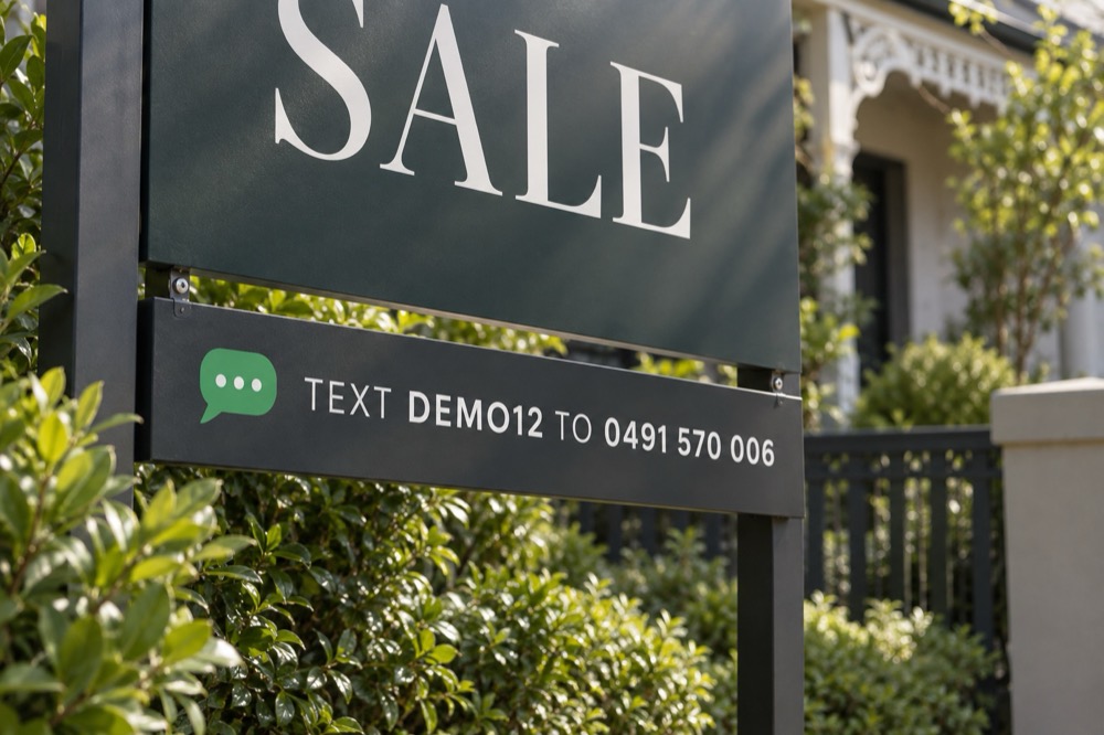 A rider strip under a for-sale board reading TEXT DEMO12 TO 0491 570 006.