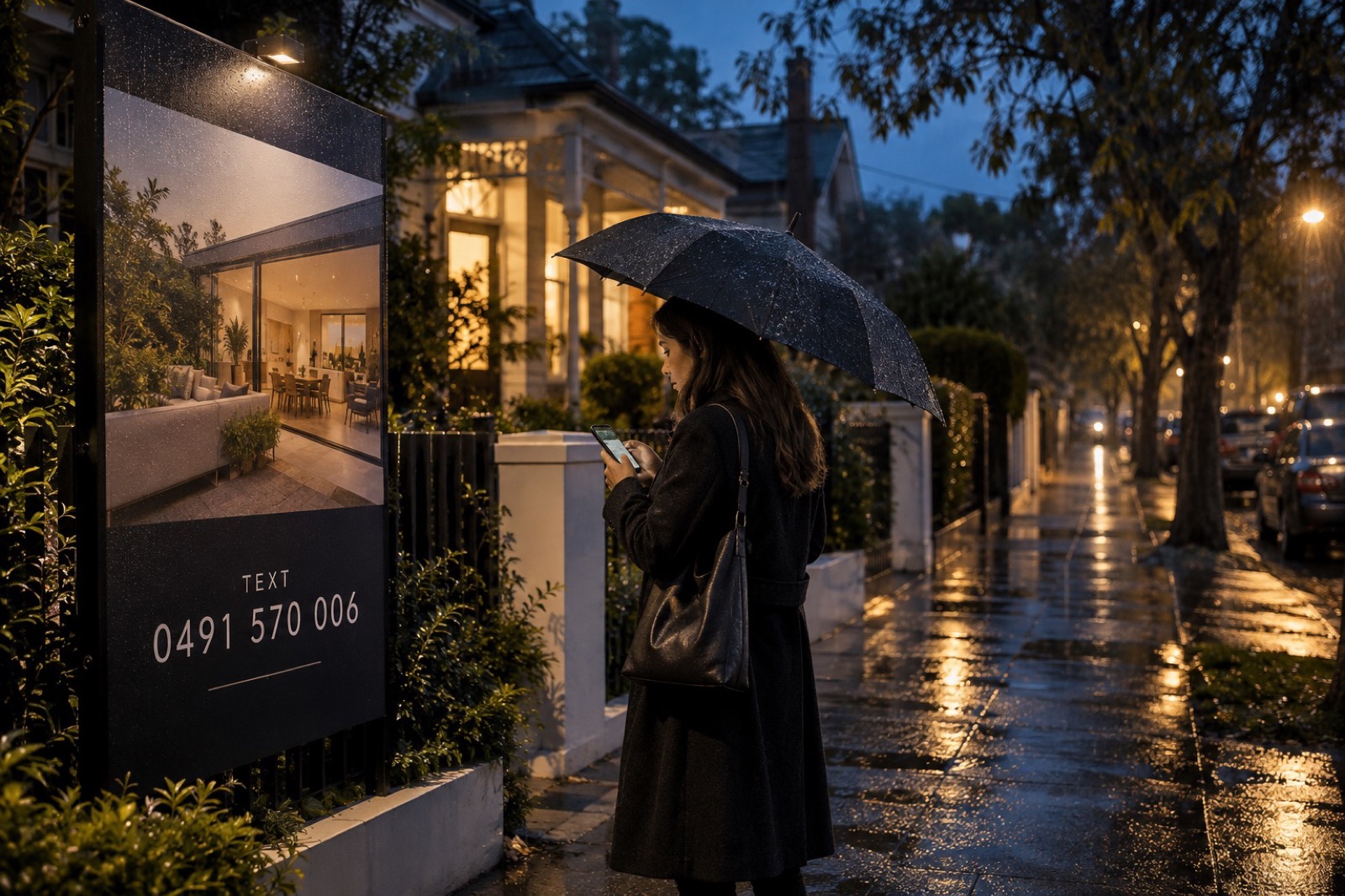 Someone under an umbrella texting a lit for-sale board on a wet street at night.