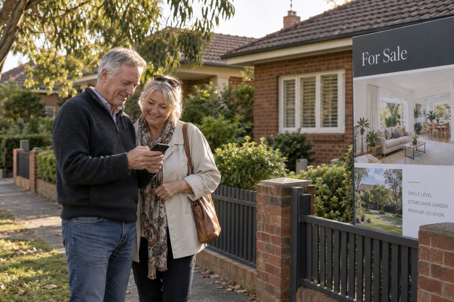 A couple on the footpath at a for-sale board, one of them texting.