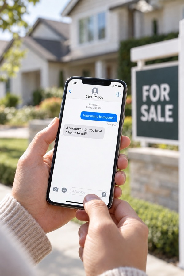 A phone showing the reply: three bedrooms, do you have a home to sell?