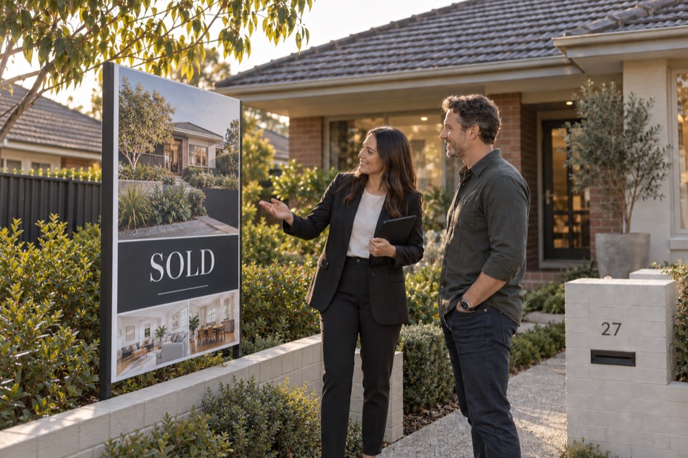 An agent and a vendor beside a SOLD board outside their home.